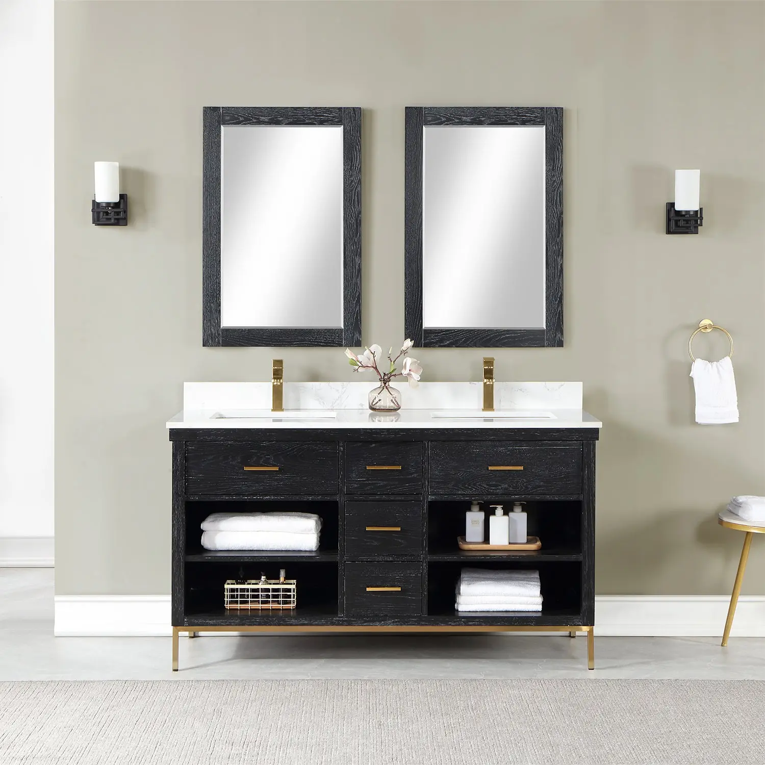 Altair Design Kesia 60" Double Bathroom Vanity Set in Black Oak with Aosta White Composite Stone Countertop
