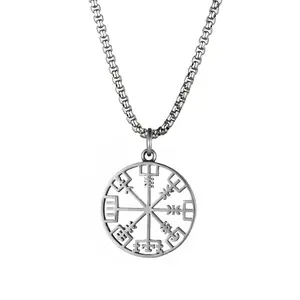 OIDEA Viking Compass Pendant Necklace for Men, Silver Tone Stainless Steel 22" Chain, Vintage Nordic Pirate Style Jewelry