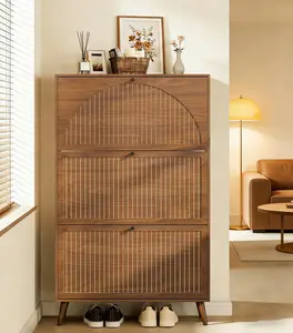 Shoe Storage Cabinet for Entryway with 3 Flip Drawers, Narrow Shoe Organizer with Fluted Panel, Freestanding Wood Hidden Shoe Cabinet for Foyer, Hallway Wooden