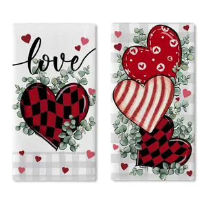 Valentines Day Kitchen Dish Towels Set of 2, Red Love Heart Eucalyptus Leaves Buffalo Plaid Drying Hand Towel Baking Cooking Cloth, Anniversary Wedding Bathroom Home Decoration 18'' x 26''