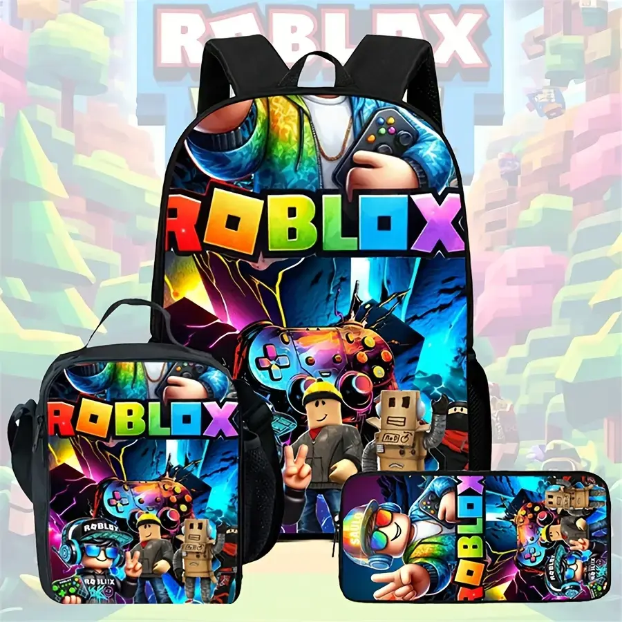 Roblox-Themed 3-Piece Student Backpack Set - Oxford Fabric, Adjustable Straps, Backpack, Lunch Bag, Pencil Case with Colorful Game Characters-Controller Patterns for Gamers