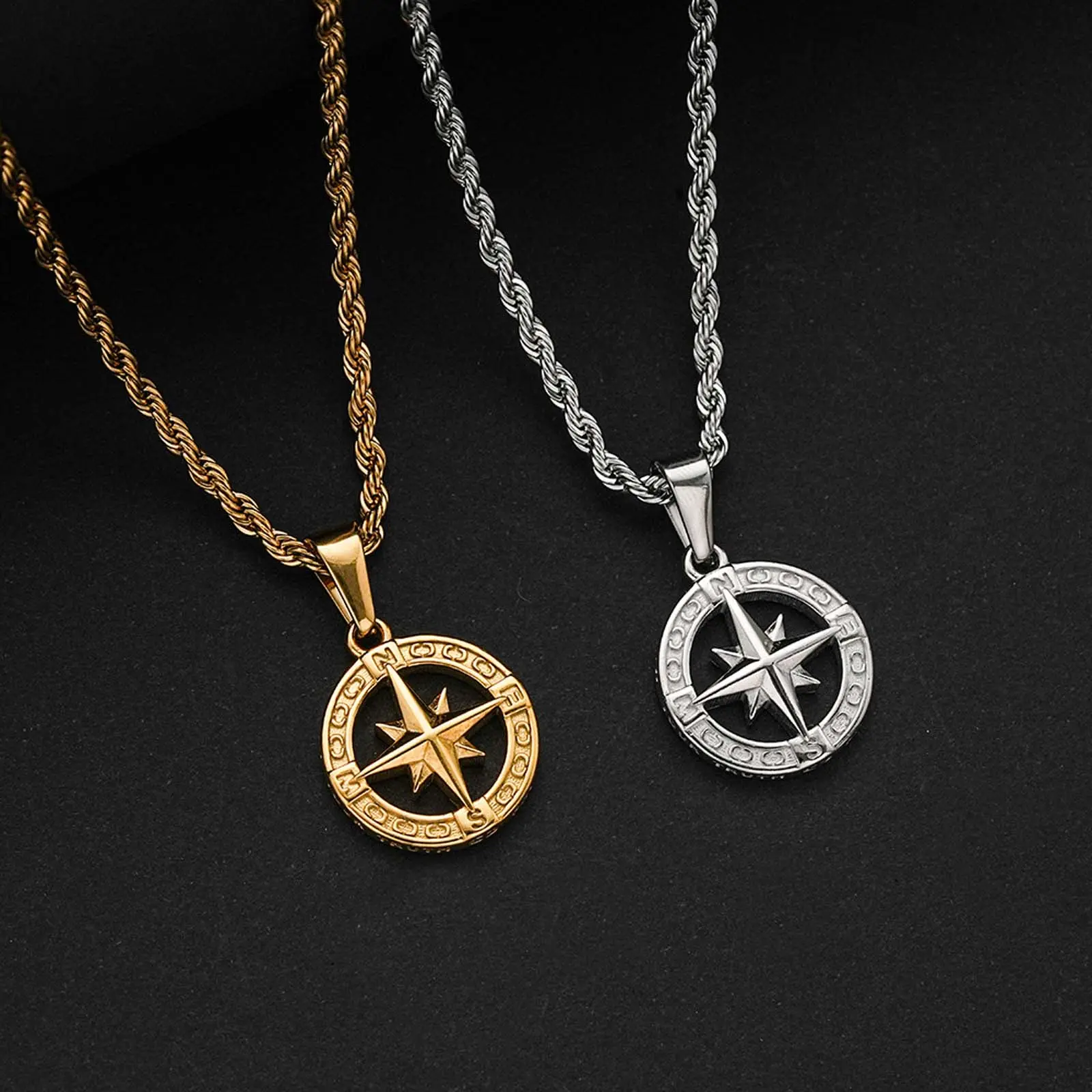 Hollow Polaris Ring Pendant Necklace, Stainless Steel Twist & Link Chain, Minimalist Inspirational Non-Tarnish Tarnish-Proof Daily Wear Jewelry, Inspirational Jewelry, Non Tarnish Jewelry