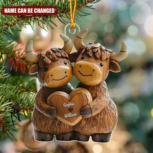 Custom Name Highland Cow Couple Ornament – Personalized Acrylic Christmas Gifts, Cute Farm Couple Decor, Holiday Gifts for Couples