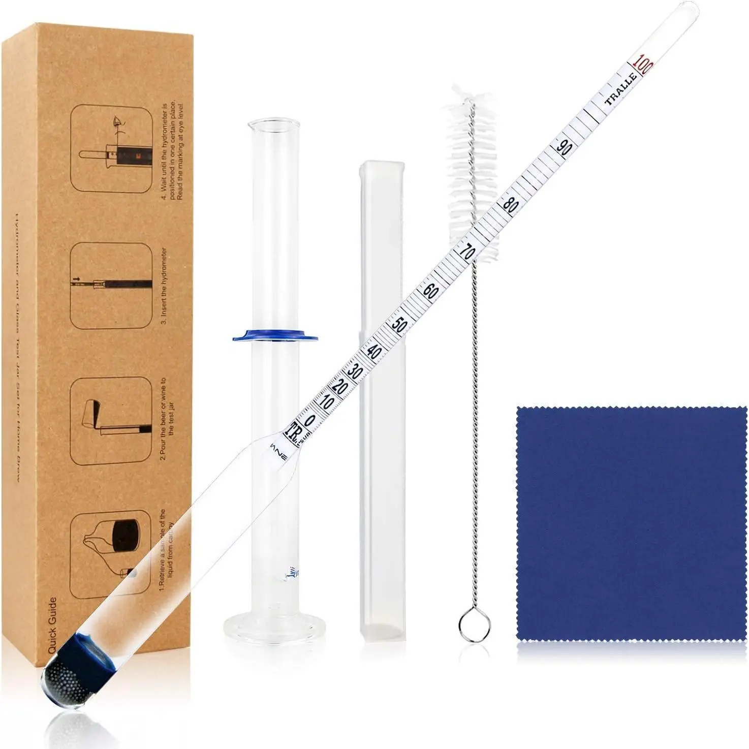 0-200 Proof & Tralle Hydrometer Scale with Glass Test Jar Brewing Kit, Accurate Beverage Tester & Glass Cylinder for Distilling Moonshine, Bar & Kitchen Utensils Alcoholmeter Set, 0-200 Brewing Kit