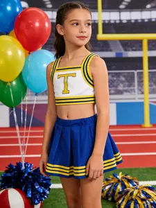 Cheerleading Performance Set, Short Vest & Pleated Skirt Design, Blue Main Color, Blue Striped Trim, School Events