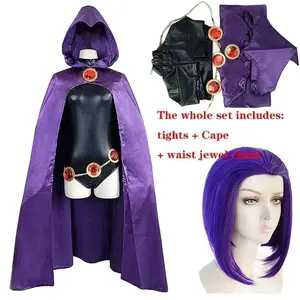 Teen Titans Raven Cosplay Costume Superhero Cloak Jumpsuits Zentai Halloween Tight clothes + Cape + waist jewelry chain