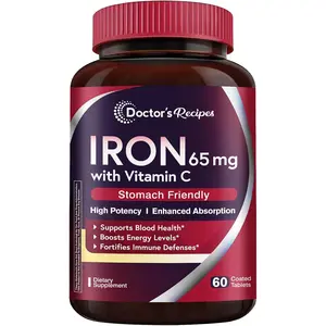 Iron Supplement 65mg with Vitamin C for Red Blood Cell Formation and Energy Support, High Absorption Gentle Iron Pills for Heart Brain and Immune Health, Vegan Non GMO Iron Tablets for Women and Men