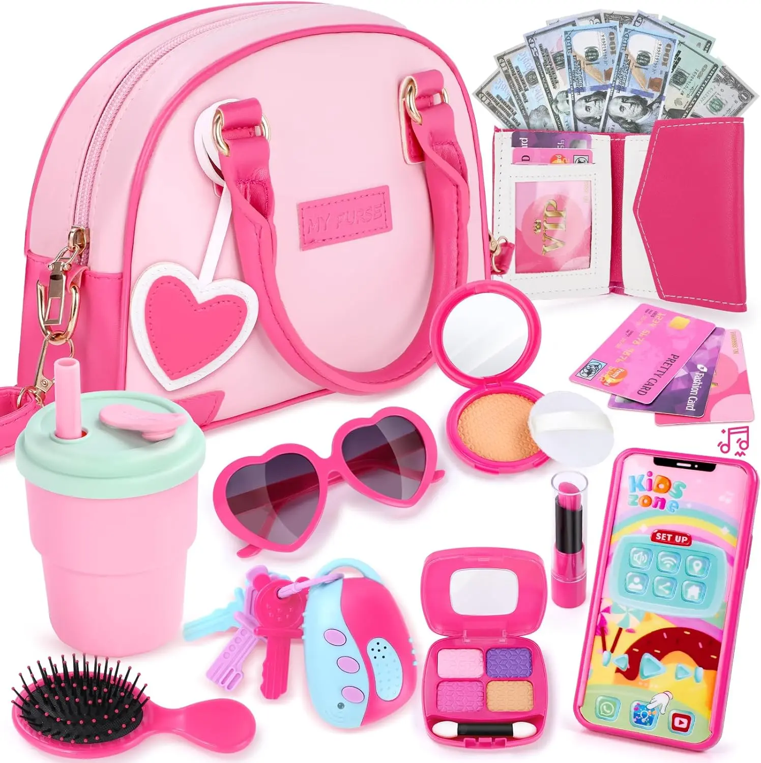 Little Girls Purse - Pink Play Purse with Pretend Makeup, Sunglasses, Makeup Tools & Accessories for Little Girls