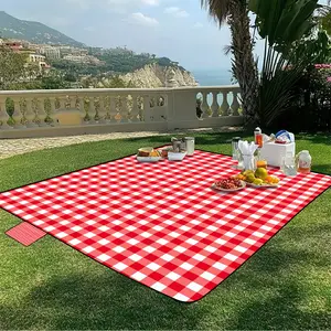 JIT 1pc red and white checkered fabric waterproof picnic mat is suitable for camping and the beach - the thickened foldable outdoor blanket with a sand-proof bottom layer is lightweight and portable. It is an ideal choice for park trips and concerts