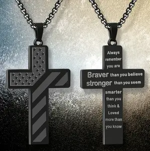 Cross Necklace with Bible Verse & American Flag Pendant-Stainless Steel Men's Jewelry Gift | Faith-Inspired, Bold & Patriotic Chain for Him