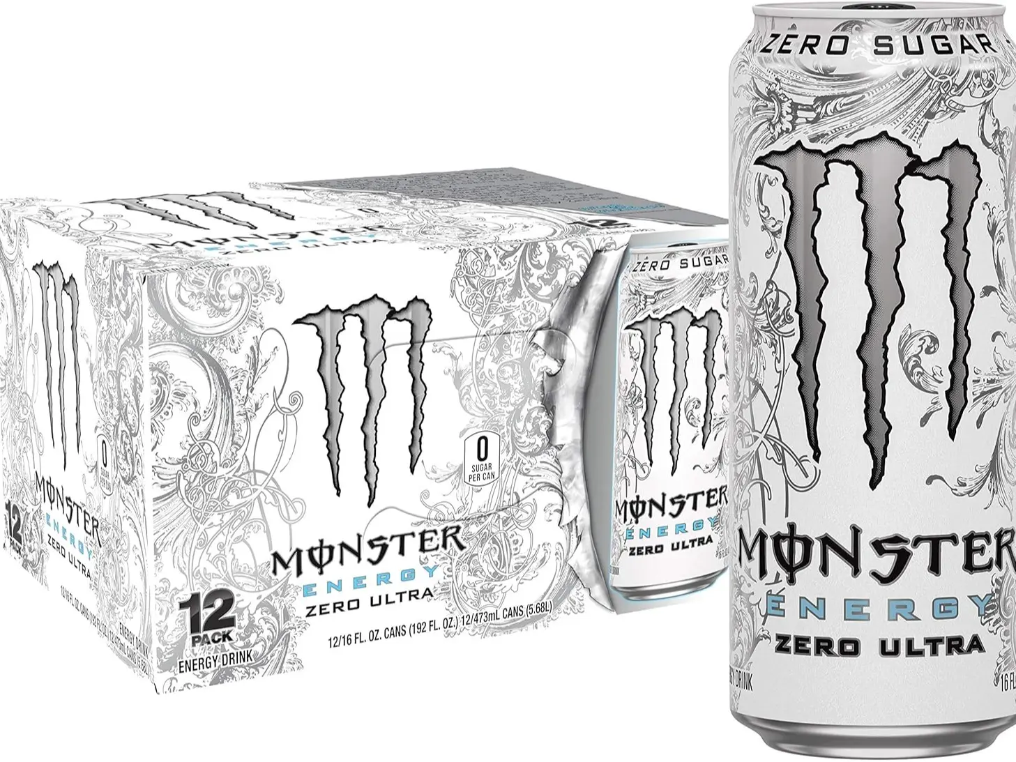 White Monster Energy Zero Ultra, Sugar Free Energy Drink, 16 Ounce | Pack of 12 or Pack of 24 Sugar-Free  Monster Energy Pack