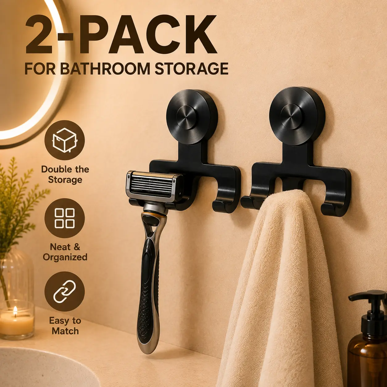 2 Pack Suction Cup Razor Holders, No-Drill Bathroom Shower Organizer Hooks for Razors, Towels and Small Accessories, Removable Black Wall Mount