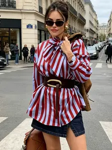 Women Striped Shirt Elegant Women Bow Neck Single Breasted Loose Blouse Casual Female Vintage Printed Long Sleeve Shirts Top