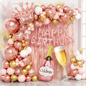 Rose  Birthday Decorations for Women, Happy Birthday Decorations with Fringe Curtains, Butterfly Decorations,Rose  Balloon Arch Kit for 16th 21st 25 30 40 50th Birthday Decor
