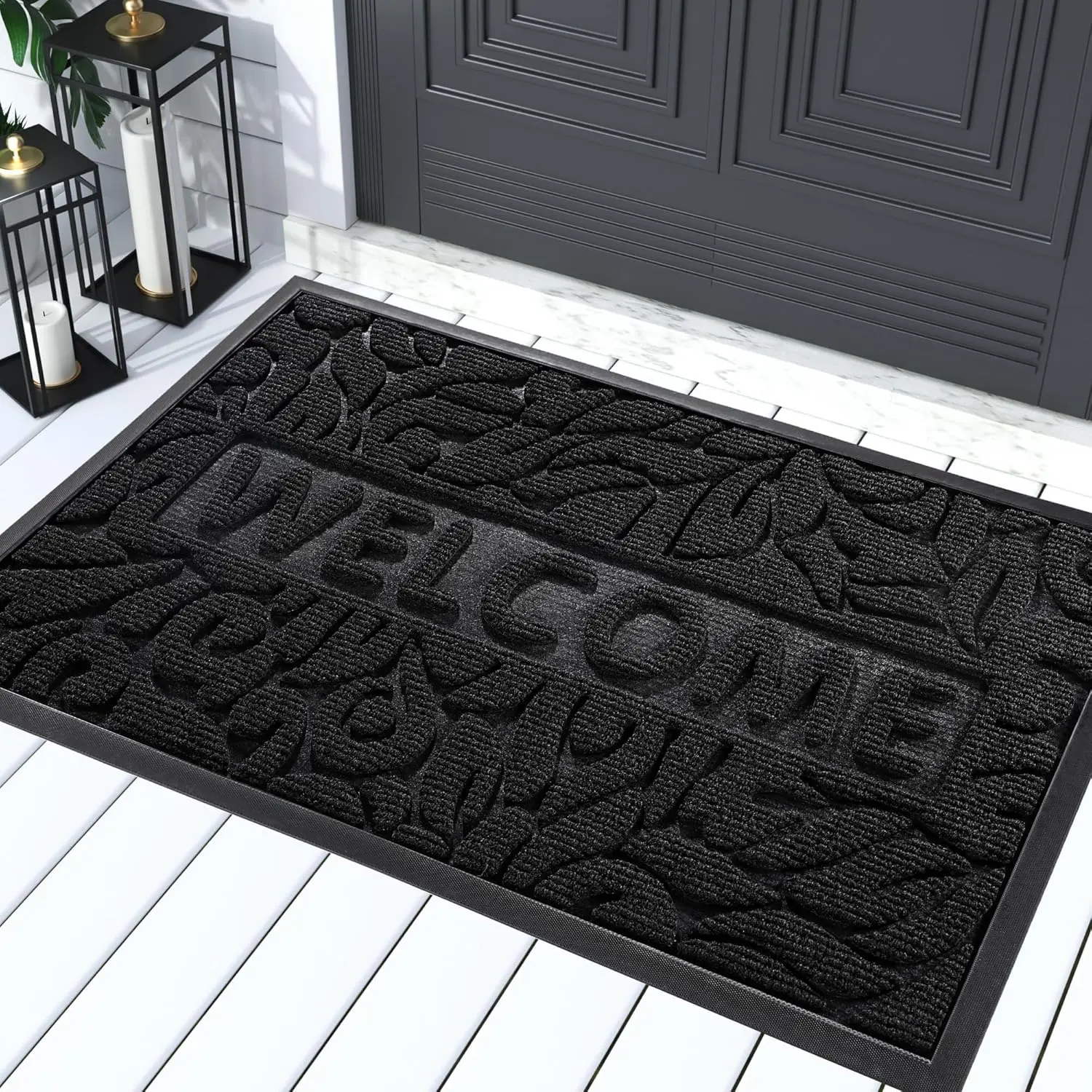 Welcome Mat Outdoor 29.5x17, Waterproof Non-Slip Outdoor Mats for Front Door Outside Entrance, Low-Profile Entryway Mat Indoor for Garage Patio, Bla