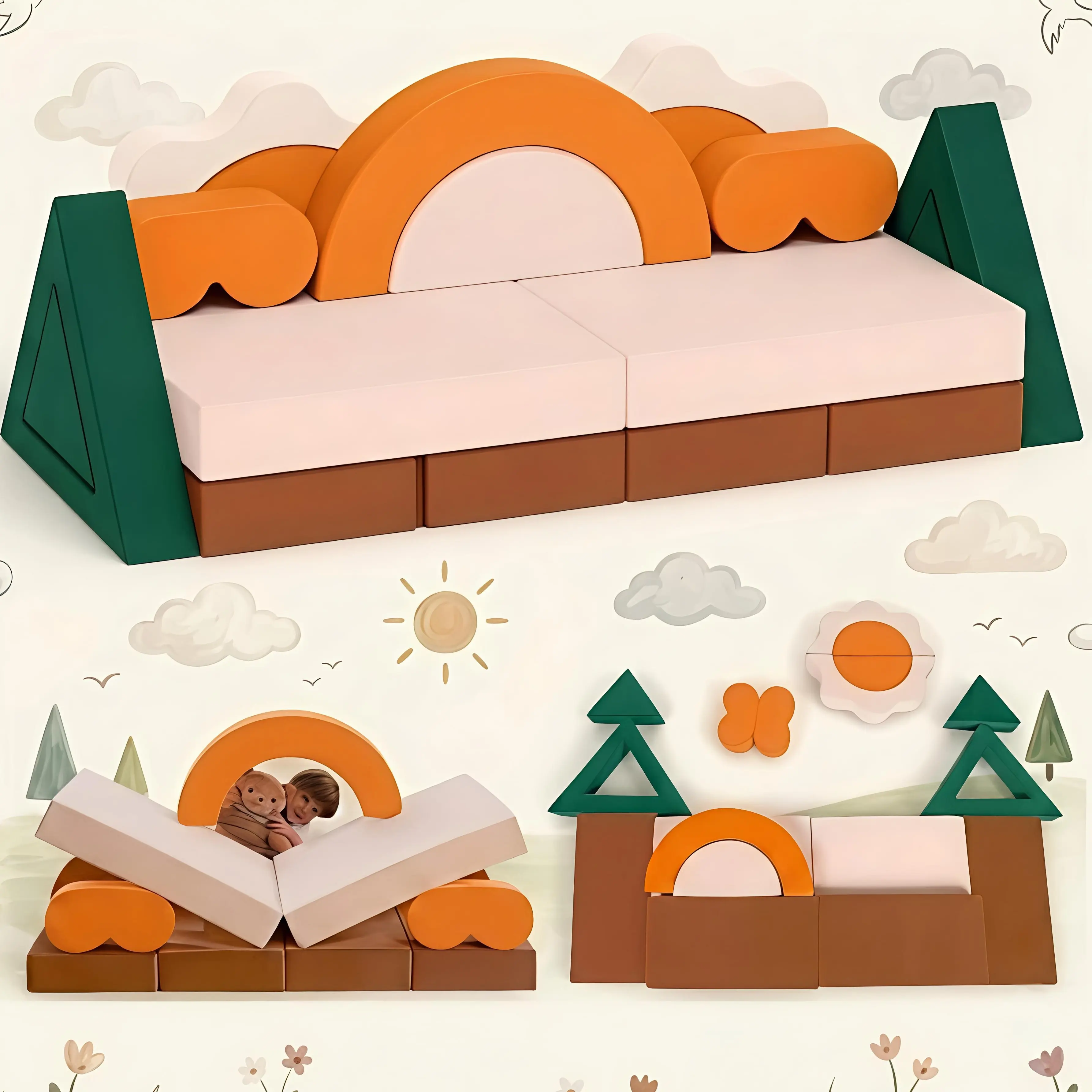 WINZOO 18PCS Velvet Modular Kids Sofa - Jungle Theme, High-Density Foam Toddler Bed Fit, Convertible Child-Friendly Sofas, Multifunctional Playroom Furniture for Playing/Sleeping, Assembly Required for Birthdays