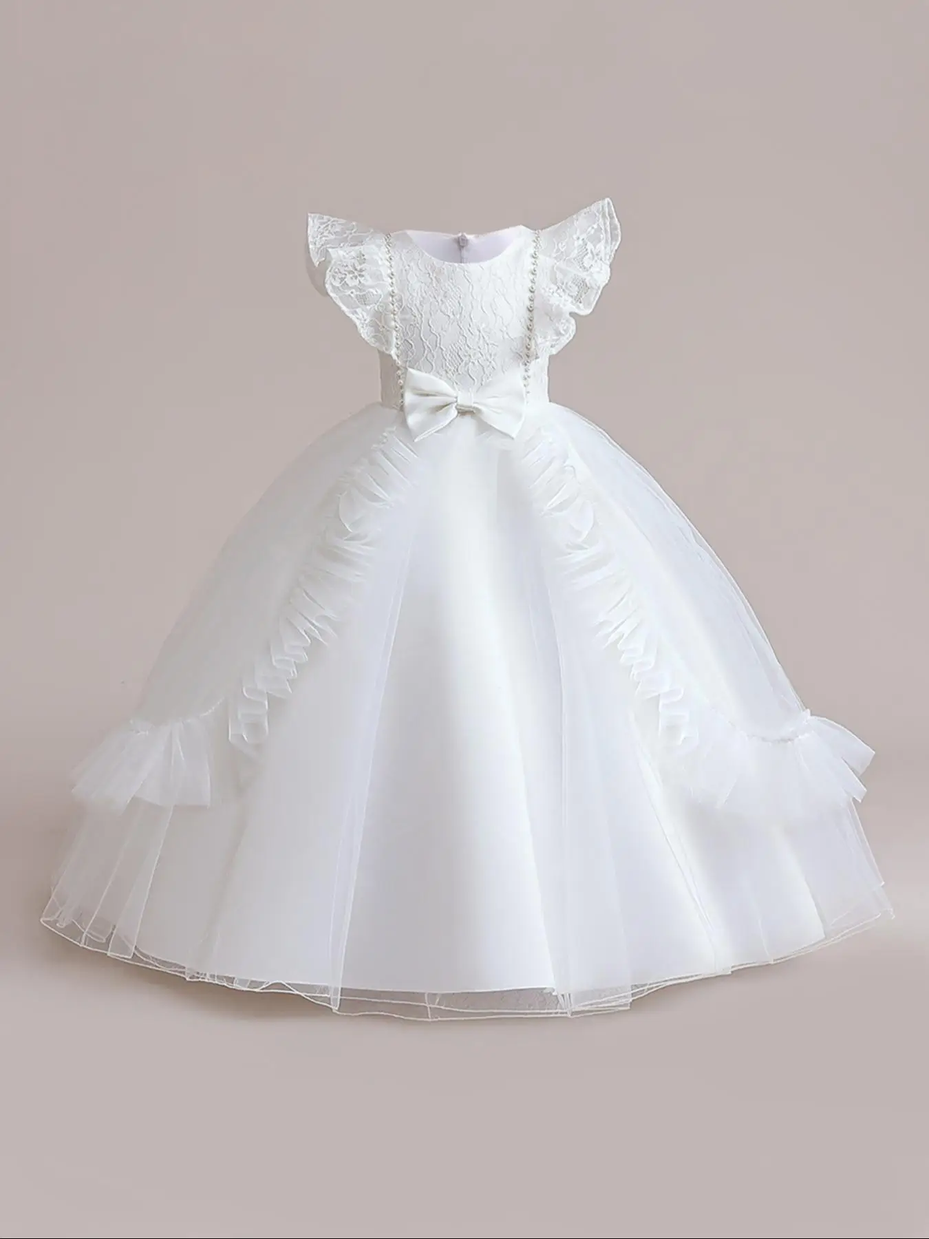 Girl's Contrast Lace Bow Decor Ruffle Trim Tulle Party Dress, Elegant Cap Sleeve Round Neck Tutu Dress for Special Occasions, Kids Clothes for All Sea