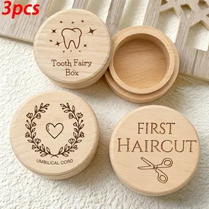 3-piece wooden storage box set, including tooth fairy box, 'first haircut' commemorative box, umbilical cord box, tooth collection box, fetal hair collection box, Baby Fetal Hair Memory, newborn souvenir, home decoration