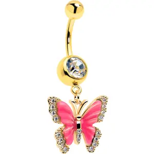 Clear CZ Gem Gold Tone Butterfly Pink Splash Dangle Belly Ring