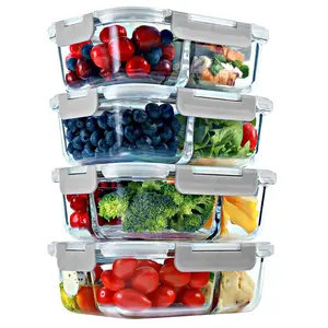 2 & 3 Compartment Glass Meal Prep Containers with GRAY Lids (4 Pack, 32 oz)