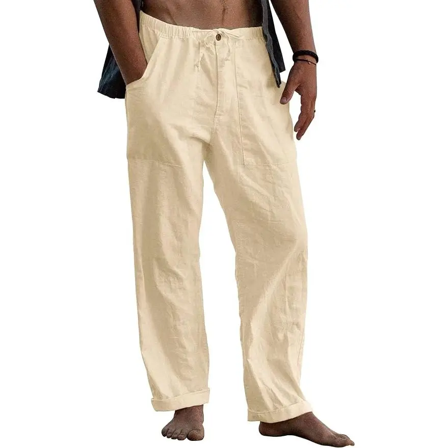 PASLTER Menswear Linen-Cotton Loose Fit Drawstring Pocket Pants - Elastic Waist Stretchy Jersey Garment with Zipper, Casual Summer Trousers for Yoga, Beach,sohochic