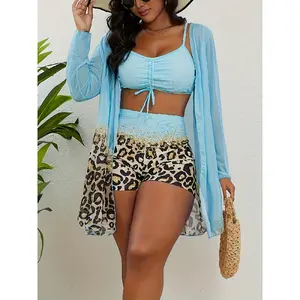 Three-piece bikini set with drawstring, ruched thin straps, mesh cover-up, high-end elegant casual vacation beach swimwear for women