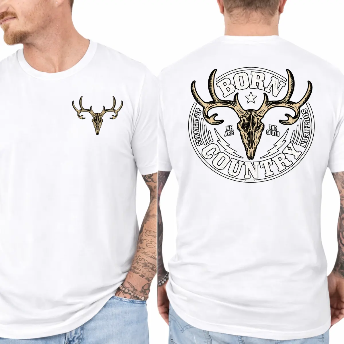 Born Country Deer Skull T-Shirt - Large Antler Buck Skull With Star And Southern Country Graphic , Matching Deer Skull Chest Print , Men's Hunting Tee , Rustic Outdoor Sportsman Shirt , Country Lifestyle Outfit , Gift For Deer Hunters And Outdoorsmen