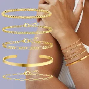 5pcs Gold Bracelets for Women Waterproof, 14K Real Gold Jewelry Sets for Women Trendy Thin Dainty Stackable Cuban Link Paperclip Chain Bracelet Pack Fashion Accessories Gifts for Womens