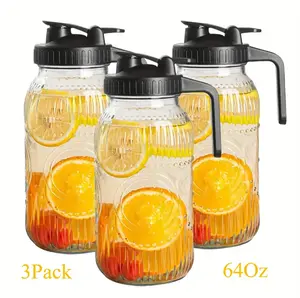 3 Packs 64OZ Glass Pitcher with Lid, Wide Mouth Mason Jar Water Jug, Leak-Proof Airtight Mason Jar for Cold Brew Coffee, Iced tea, Milk, Food Storage, Sun Tea, Black Lids
