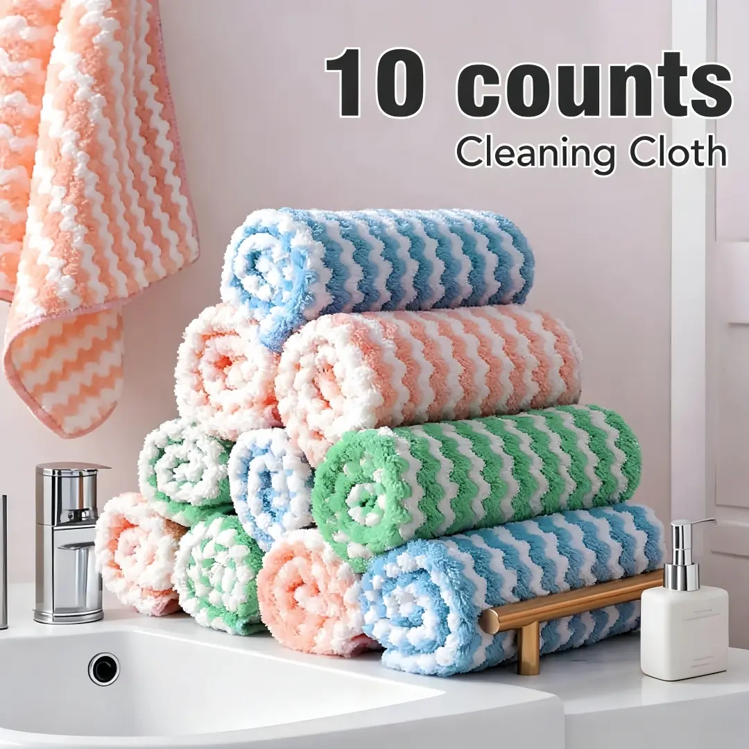 10-Pack Premium Microfiber Cleaning Cloths, Wavy Striped Microfiber Towels, Lint-Free Oil-Resistant Reusable Washcloth Rags, 3 Color, for Kitchen Dishes, Counters & Home Cleaning