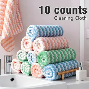 10 Pack Ultra Absorbent Microfiber Cleaning Cloths, Wavy Striped Dish Towels, Lint-Free & Oil-Resistant Reusable Kitchen Rags, Three Colors, for Dishes, Counters, Glass & Home Cleaning