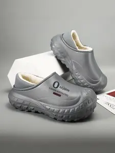 Men's Letter Pattern Waterproof Plush Lining Slippers, Casual Comfortable Home Slippers, Warm Slippers for Indoor & Outdoor Use for Fall & Winter, Lined Slippers