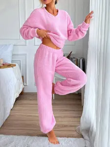 Women's Plush Pajama Set, V-Neck Casual Home Wear Loungewear, Warm Autumn Winter, Comfortable Two-Piece Sleepwear for Ladies
