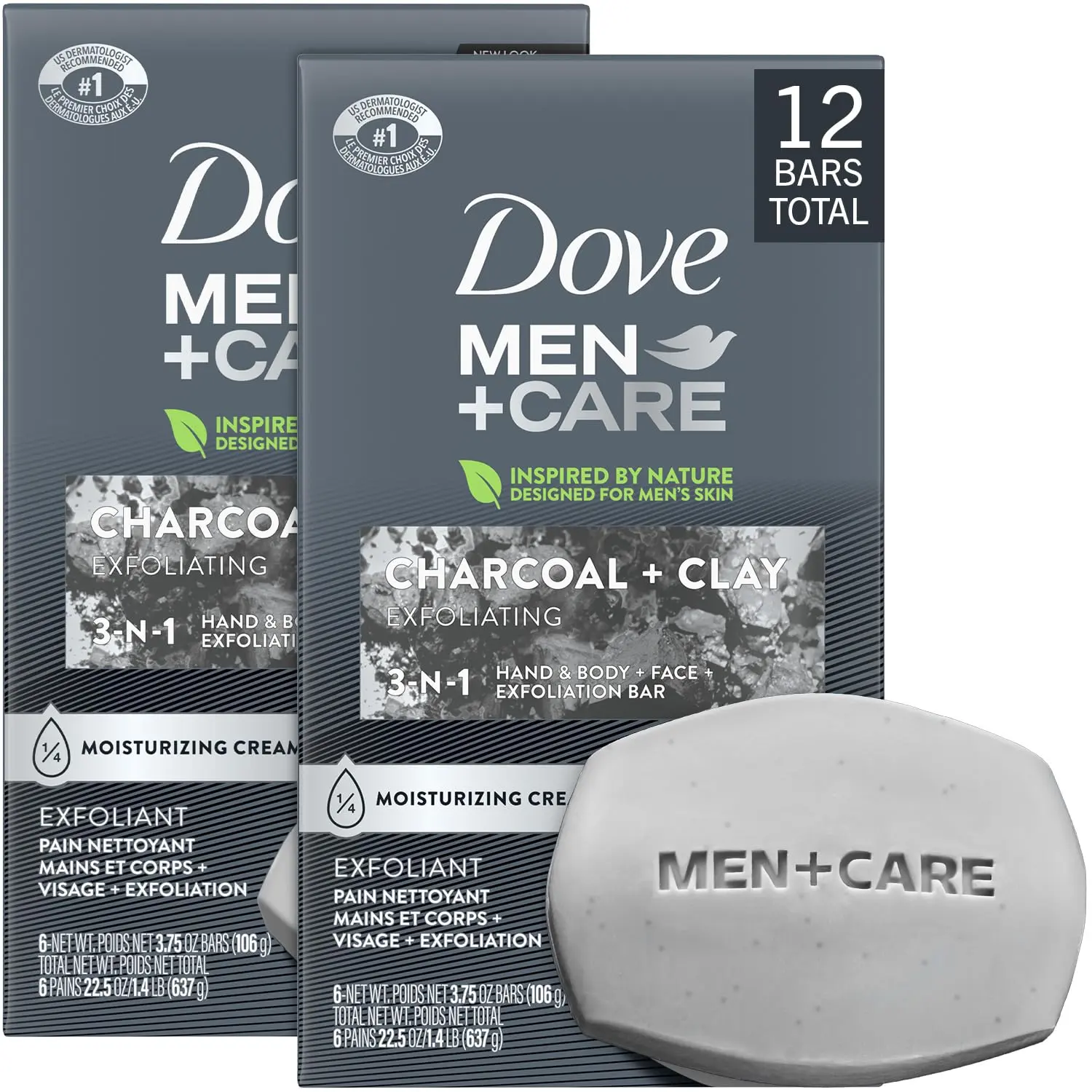 Dove Men+Care 3-in-1 Charcoal & Clay Exfoliating Bar Cleanser, 2-Pack (12 Bars Total, 3.75 Oz Ea) - Daily Body Care for Skin, Hands & Shaving, Barbershop Fresh Bath & Body Care