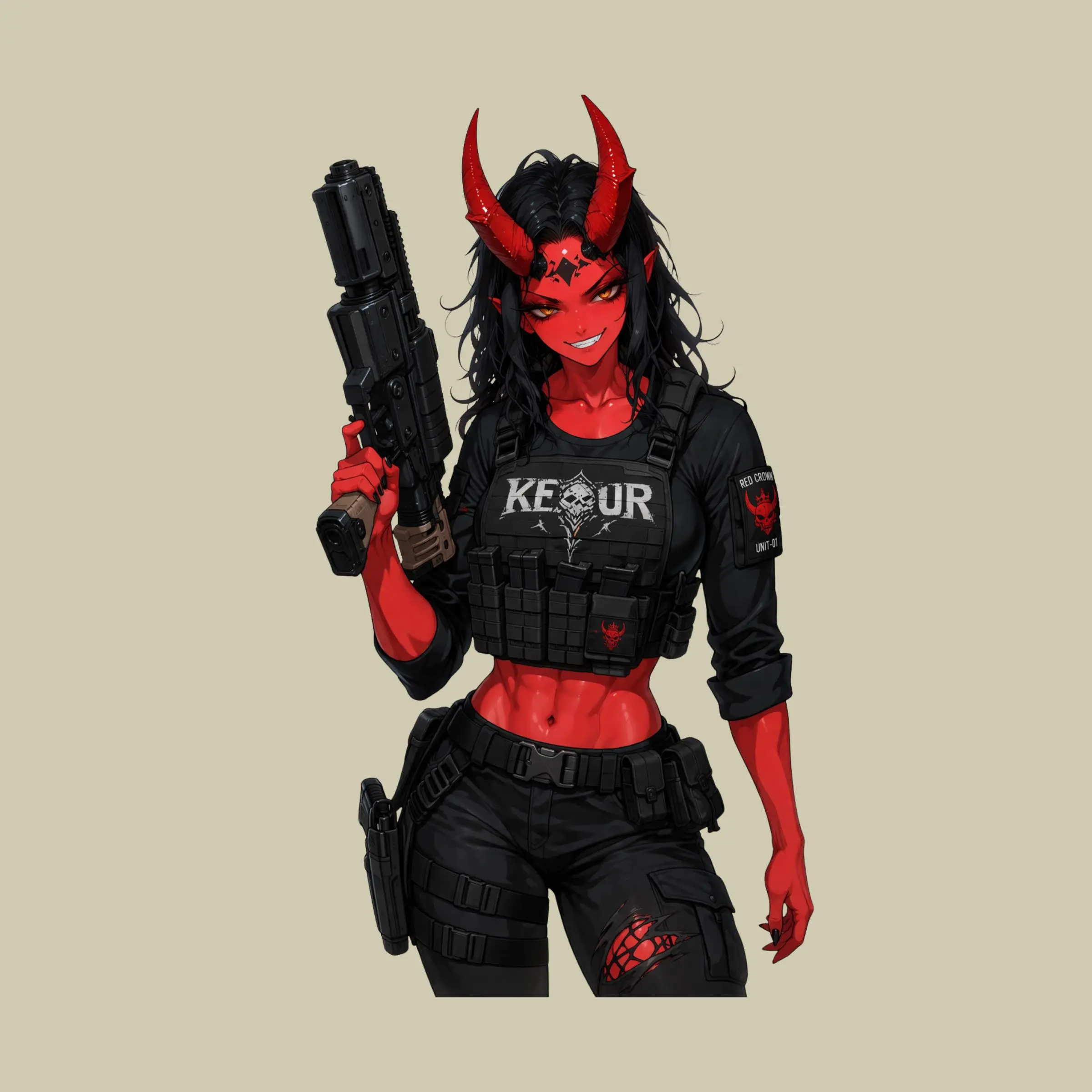 Tactical Demon Girl Sticker, Dark Anime Warrior Edgy Outfit Laptop Car Decal