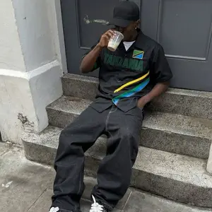 Tanzania Black Button Down Urban Division 100% Heavyweight Cotton Twill Precision Embroidery All-Season Street-Luxury Shirt with Tanzania Flag Patch