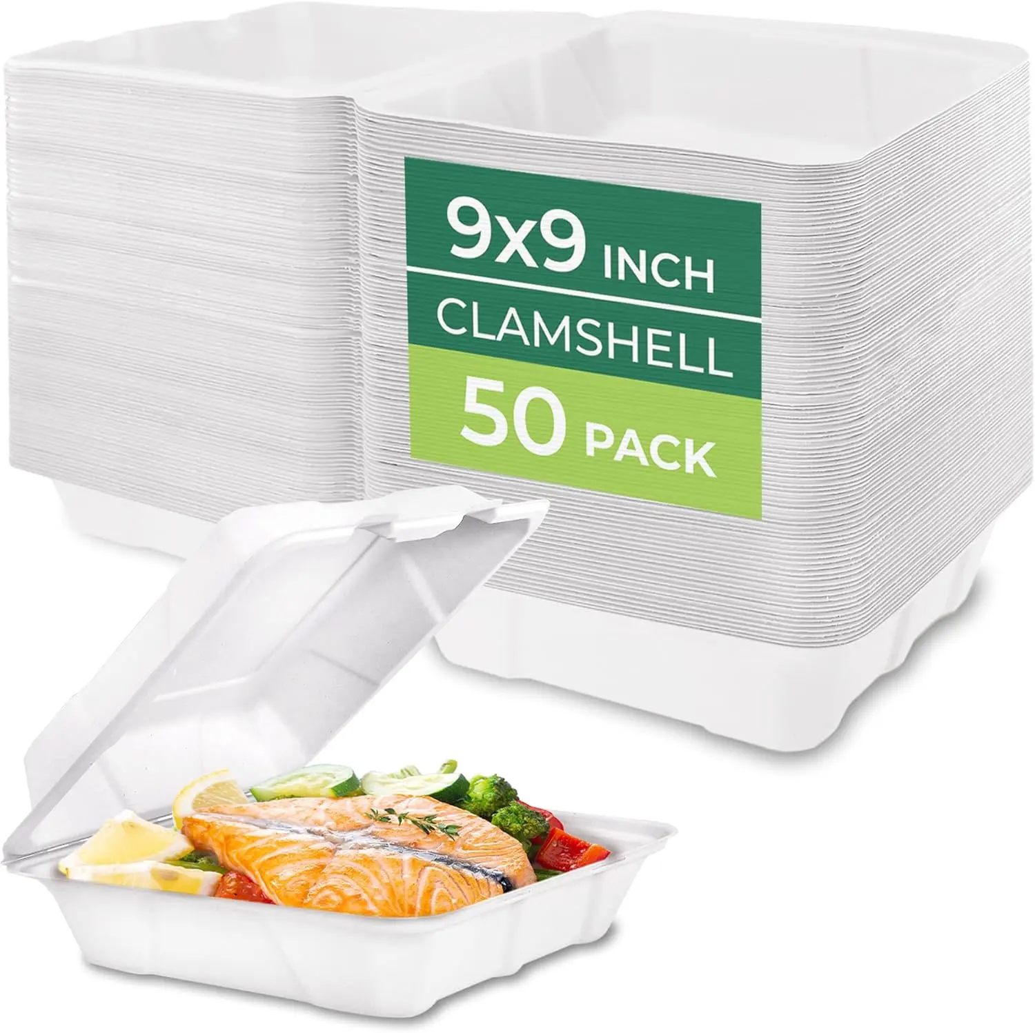 FRESHWARE 9x9 in Bamboo Compostable Clamshell Food Containers (50 Pack) - Heavy Duty Disposable Eco-Friendly Meal Prep Boxes, Leak-Resistant, Microwave-Safe, Plant-Based for Businesses, Birthday Meals, Meal Prep Containers