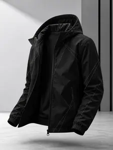 Men's Windproof Hooded Jacket, Geometric Design, Casual Fitted Style, All-Season Wear, Durable Fabric, Zip Pockets, Versatile Use