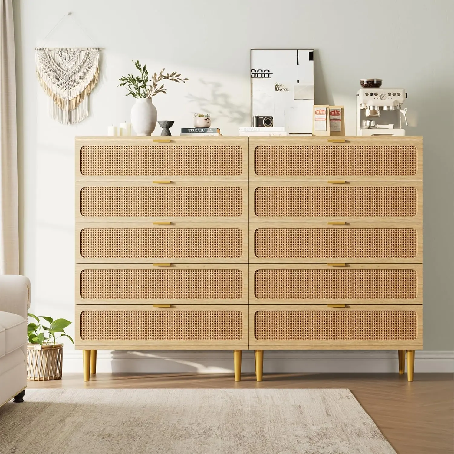 Rattan 5 Drawer Dresser for Bedroom, Chest of Drawers with Deep Drawers, Large Double Dresser for Closet with Wide Top, Tall Wooden Dresser for Living Room, Hallway, Kids Room