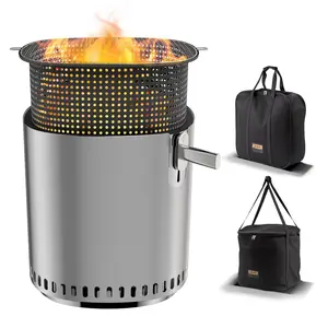 HOMPUS Smokeless Fire Pit for Outside w Grill Pan,Stainless Steel Adjustable Bonfire Wood Burning Fireplaces,Camping BBQ Family Gatherings