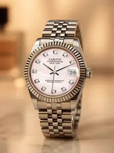 Elegant Women's Silver Color Mechanical Watch, Waterproof Fashion Calendar Design, Casual Style for All Seasons, Carotif Brand