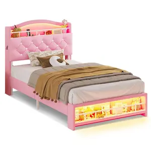 Twin Size Princess Velvet Upholstered LED Bed Frame Pink