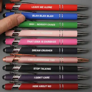 Anti-Social Office Humor Pens 10-Pack Metal Ballpoints with Stylus Sarcastic Phrases Assorted Colors Smooth Black Ink Refillable