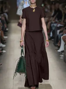 Women's Casual Round Neck Short Sleeve Hoodie Top + Loose Fit Half Skirt Set, Solid Color Two-Piece, Comfortable Summer Wear