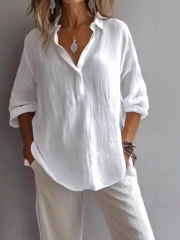 Spring Summer Women's Loose V-Neck Cotton Pullover Blouse, Solid Casual Long Sleeve Shirt