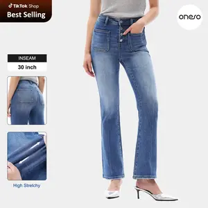 ONESO Women's High Waisted Bootcut Denim Jeans Patch Front Pockets Design Buttons Fly Bottom Pants #TikTokShopHolidayHaul #HolidayHaul