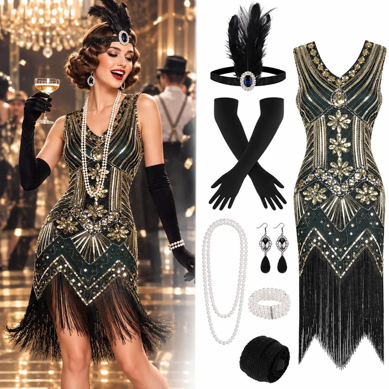 Women's 1920s V-Neck Sequin-Beaded Fringed Dress with 20s Costume Accessories Set