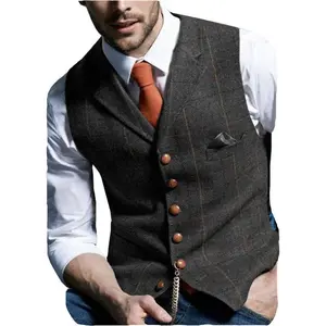 Men’s retro tweed vest in herringbone wool–polyester blend; classic formal and casual sleeveless waistcoat dress fabric