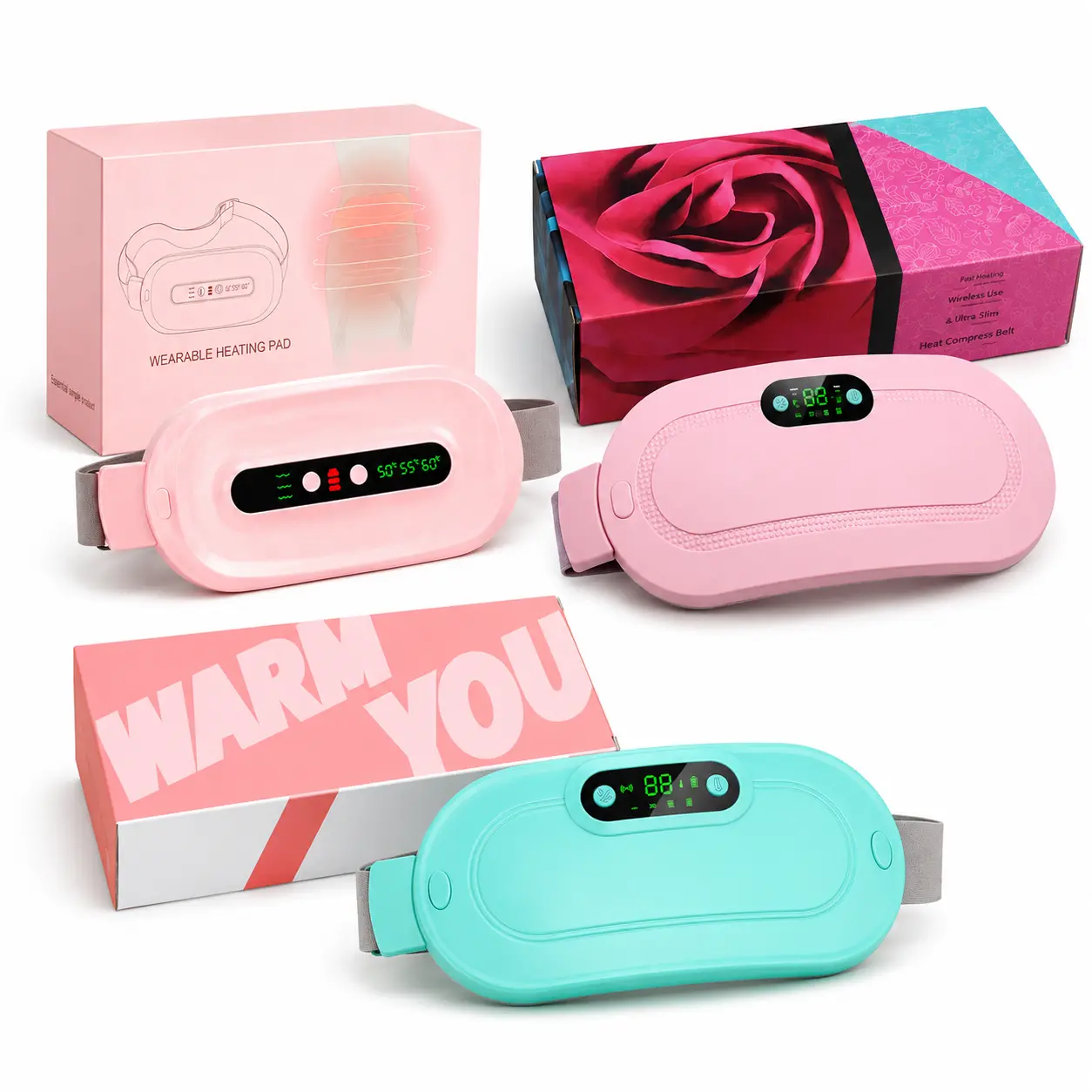 Cordless Heating Belt, Graphene Wireless Rechargeable Heating Pad with 3 Temp Levels, 4 Massage Modes, LED Display for Adult Menstrual Cramps & Back/Waist Pain Relief, Relaxing Portable Belt with Auto Off Safe Feature, Wireless Heating Pad