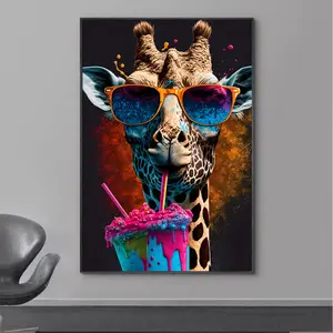 1 Piece Frameless Canvas Art - Quirky Giraffe with Fashion Glasses and Colorful Drinks - Modern Minimalist Style - Vibrant Animal Wall Decoration, Suitable for Children's Room, Living Room, Home Office, Giraffe Decoration